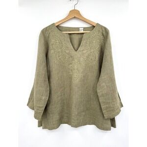 Edward Irish Linen Tunic Top L Olive Green Embroidered Boho Peasant 3/4 Sleeve